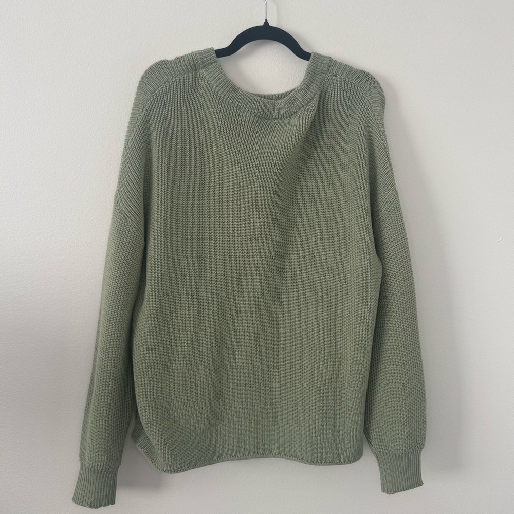 Sage Green Vacay Graphic Knit Sweater M/L Relaxed Fit Lightweight Crewneck - Picture 4 of 5
